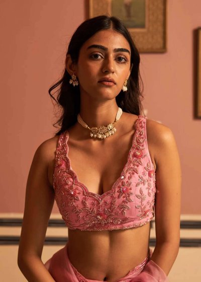 Pink Organza Embroidered Sari