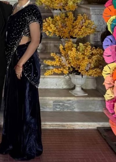 Navy Velvet Pre-Draped Sari