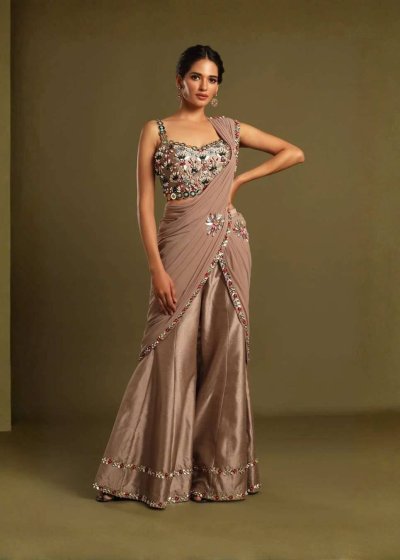 Dusty Brown Palazzo Pant Sari Set