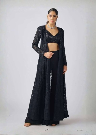 Black Lace Jacket Sharara Set