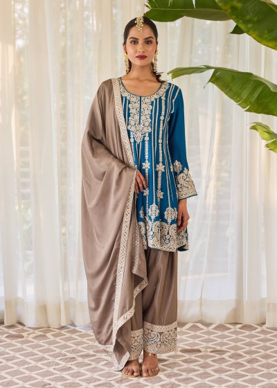 Blue Silver Embroidered Kurta Set
