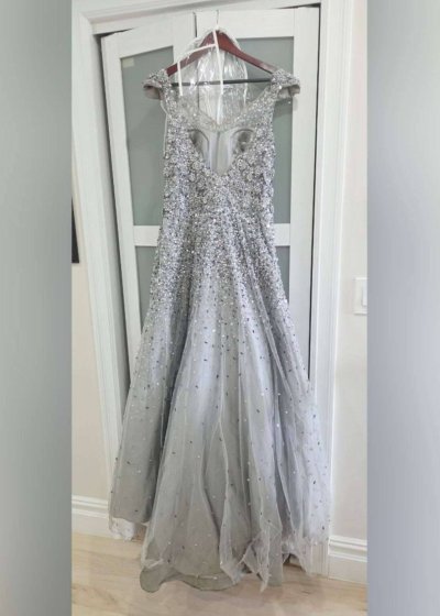 Silver Beaded Tulle Evening Gown