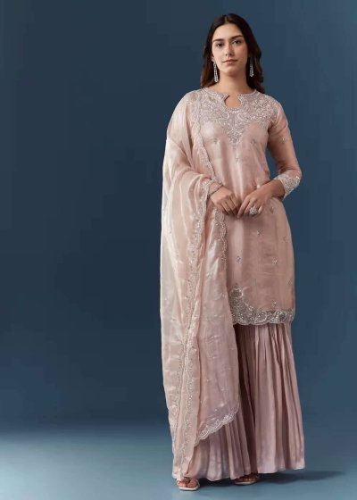 Peach Silver Work Tissue Kurta Sharara Set