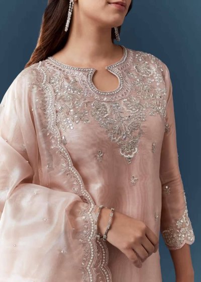 Peach Silver Work Tissue Kurta Sharara Set