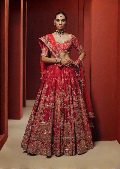 Red Bridal Embroidered Lehenga
