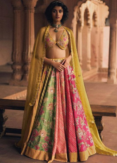 Mustard and Pink Floral Lehenga