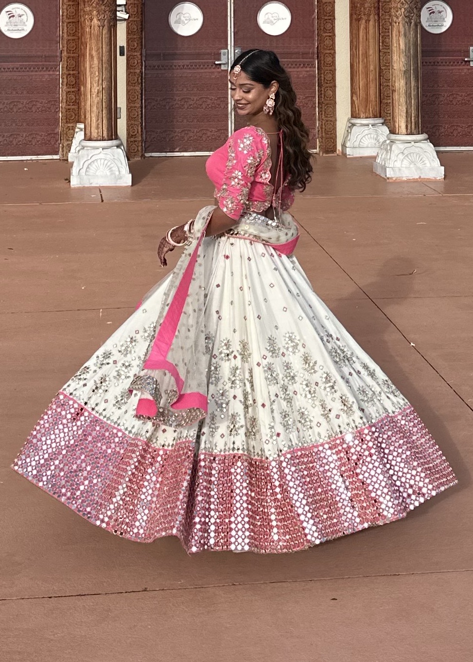 Pink and White Mirrorwork Lehenga  Image - 0