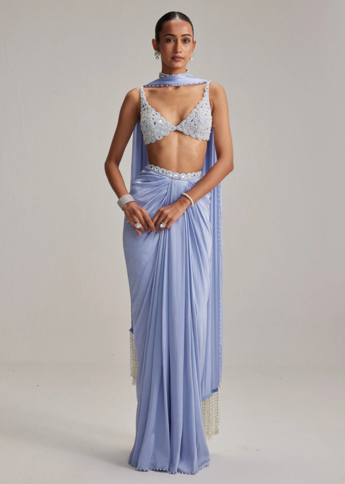 Dew Blue Satin Draped Skirt Set Image - 0