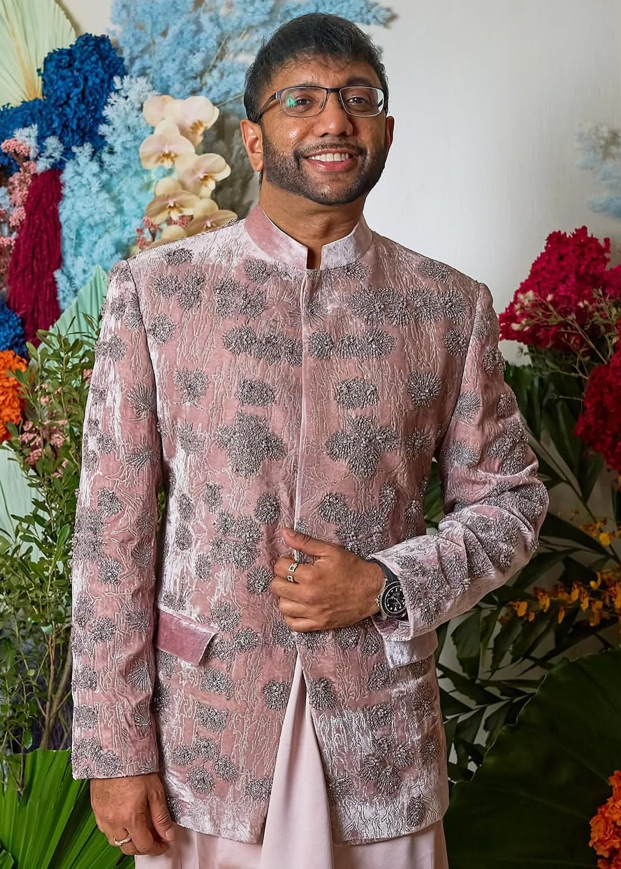 Blush Silk Velvet Bandhgala Set Image - 2