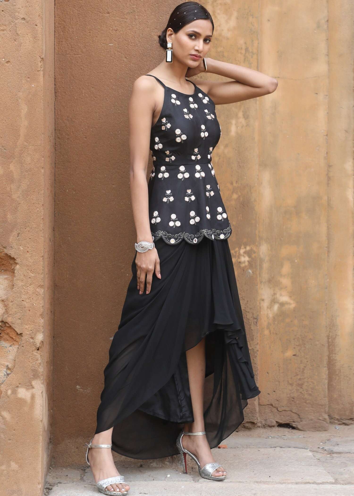 Black Embroidered Skirt Set Image - 5