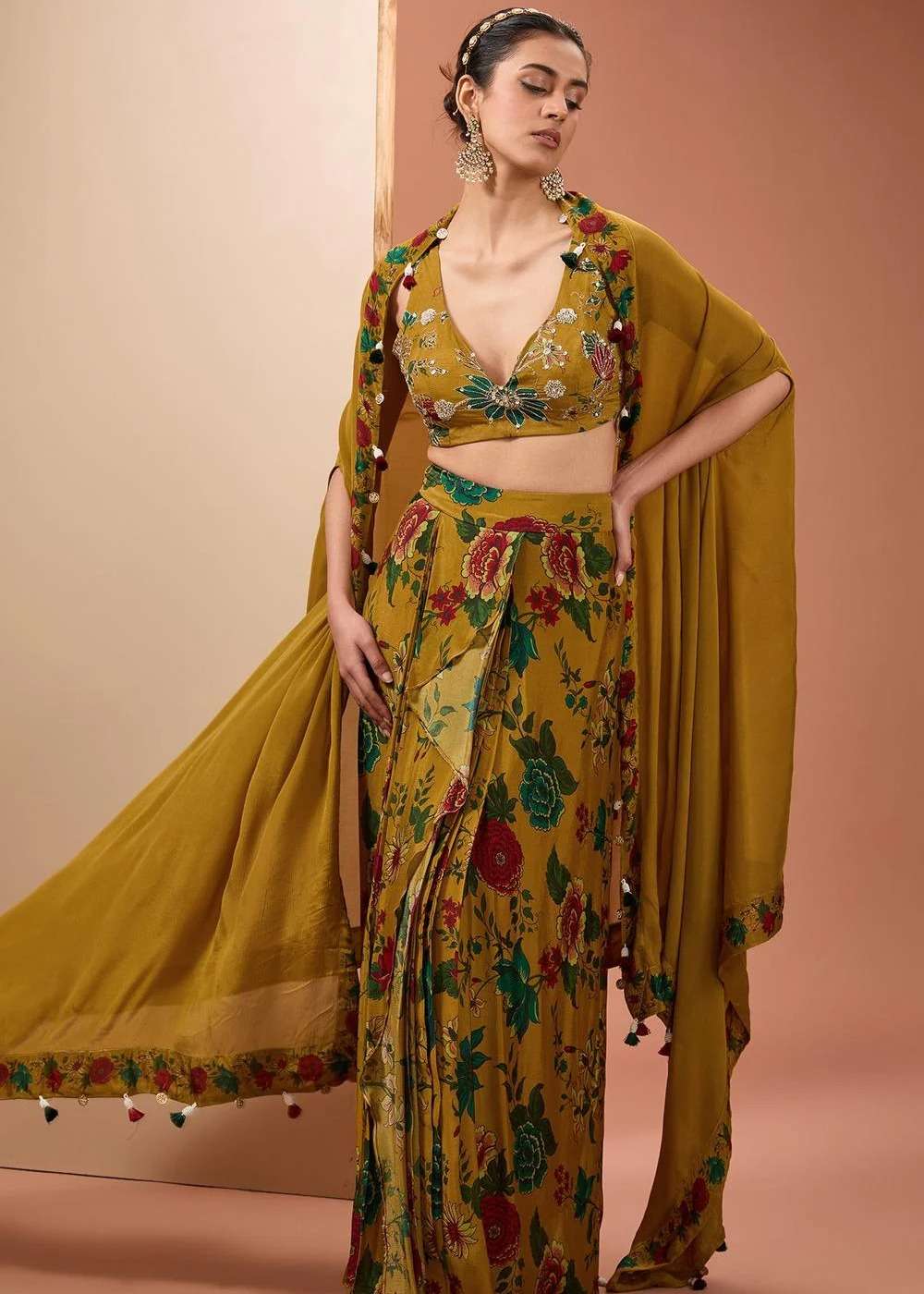 Golden Yellow Floral Printed Skirt Set Image - 4