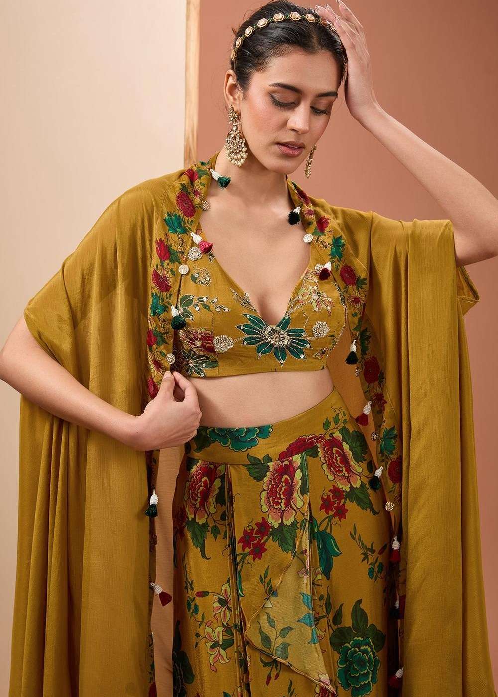 Golden Yellow Floral Printed Skirt Set Image - 5