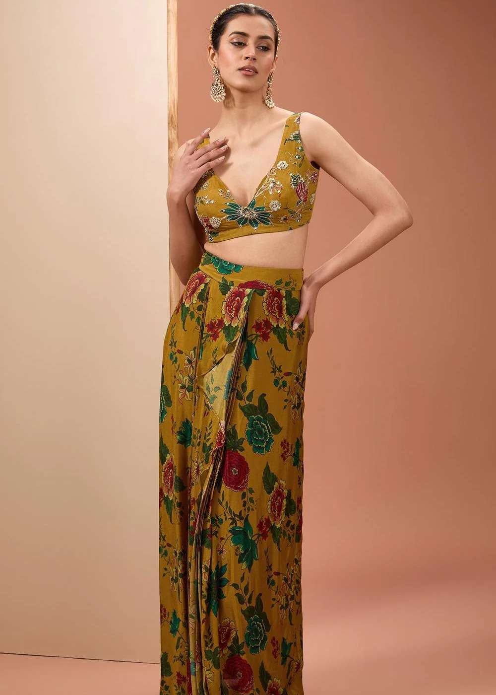 Golden Yellow Floral Printed Skirt Set Image - 7