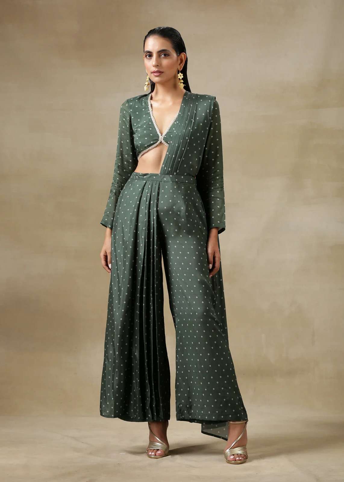 Dark Green Bandhani Printed Silk Palazzo Sari Image - 3