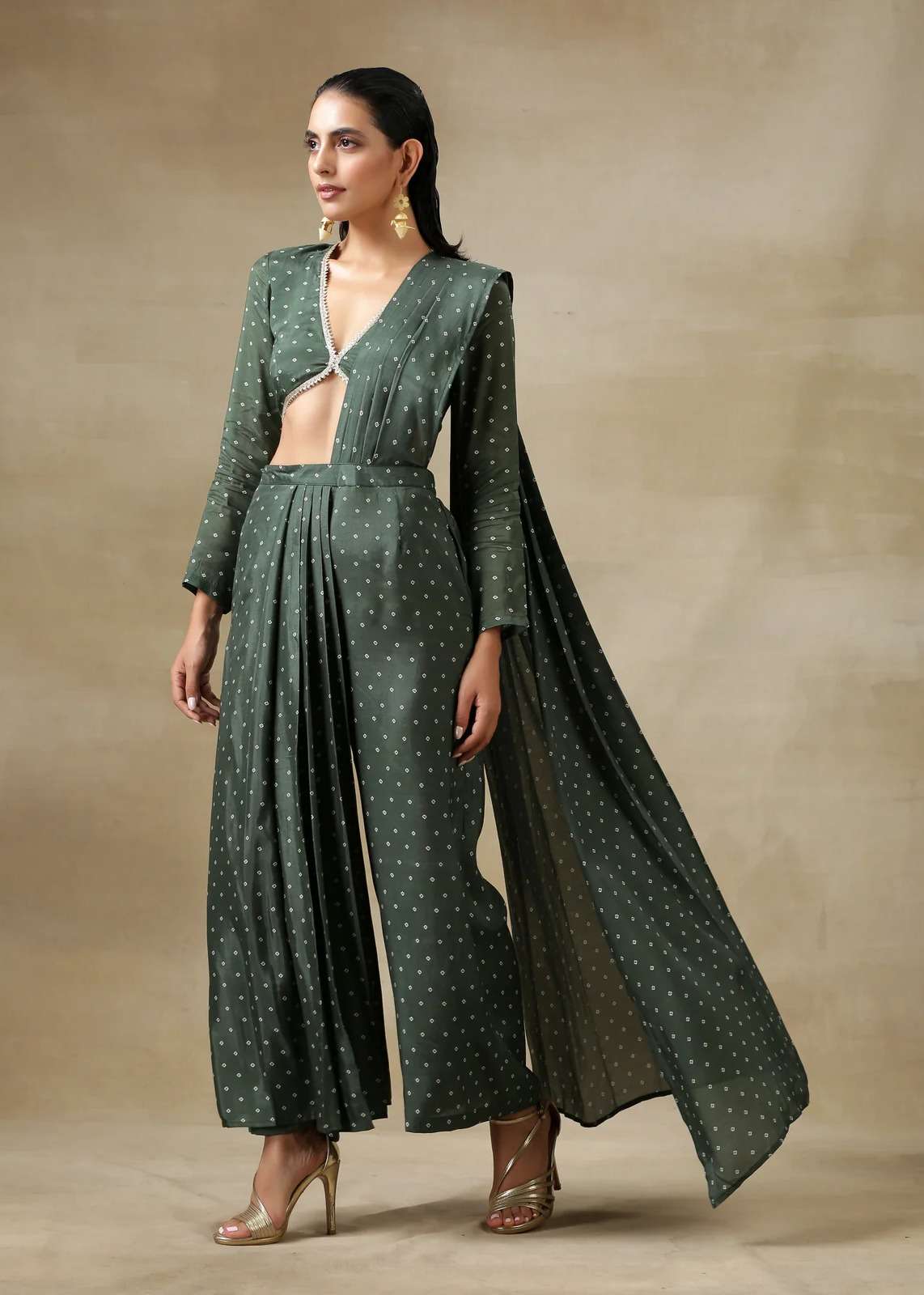 Dark Green Bandhani Printed Silk Palazzo Sari Image - 4