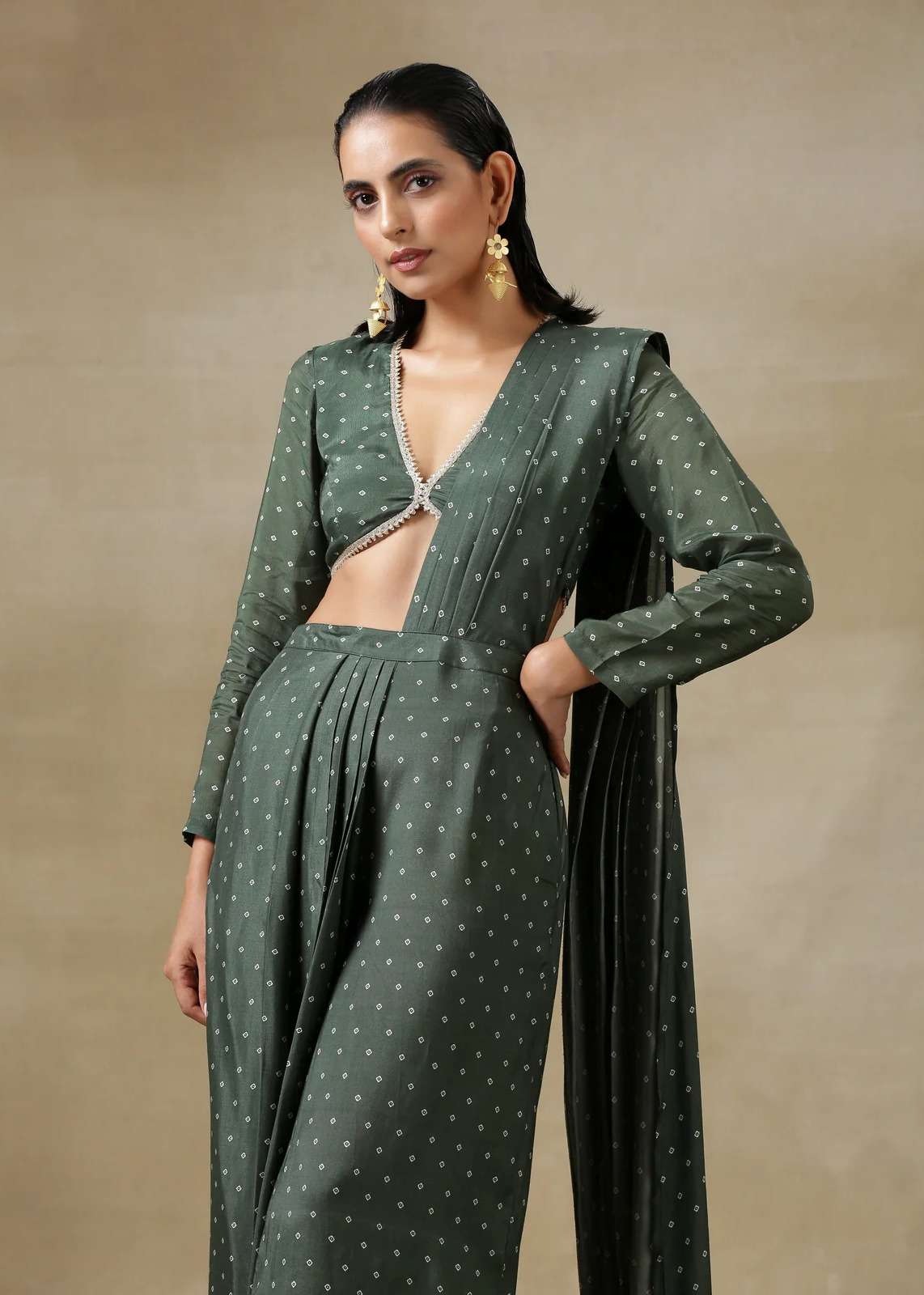 Dark Green Bandhani Printed Silk Palazzo Sari Image - 5