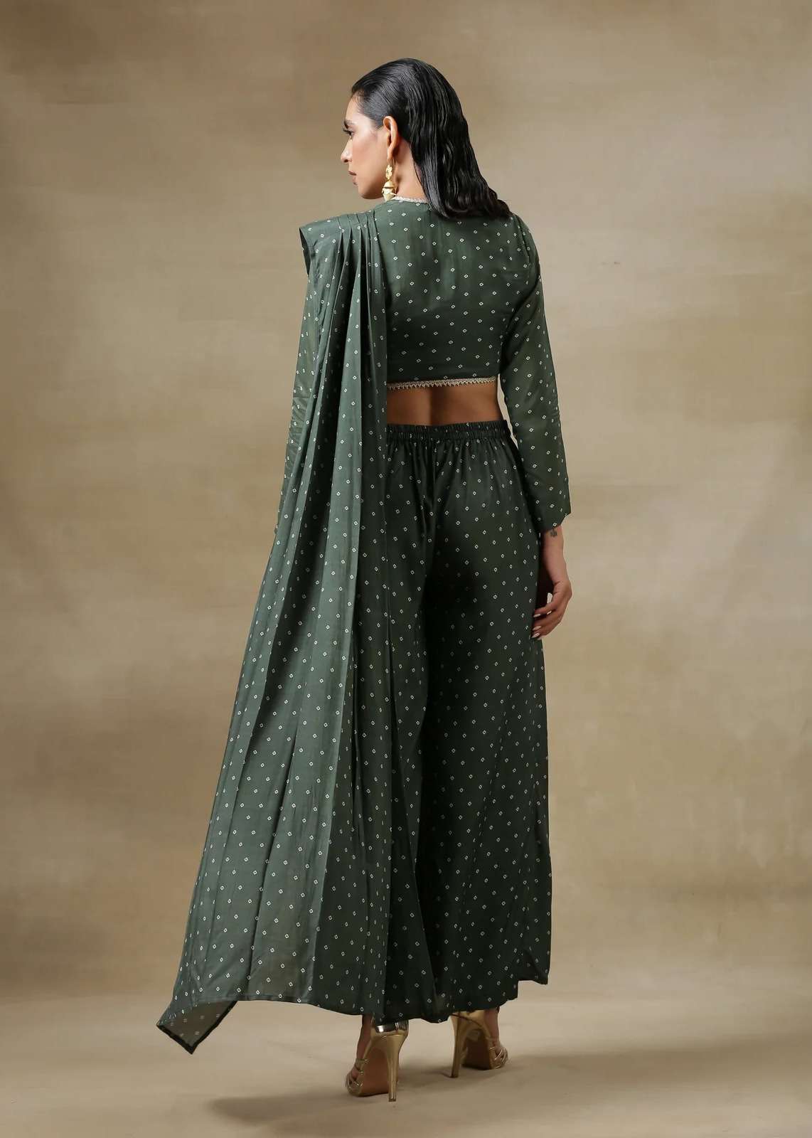 Dark Green Bandhani Printed Silk Palazzo Sari Image - 7