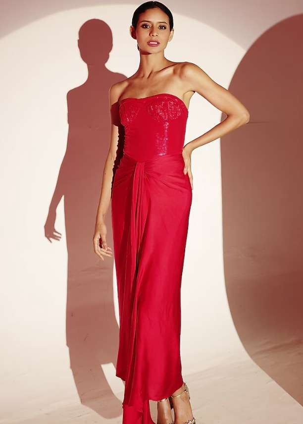 Red Silk Satin Draped Skirt Set Image - 4