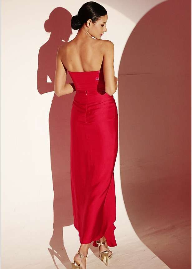 Red Silk Satin Draped Skirt Set Image - 5