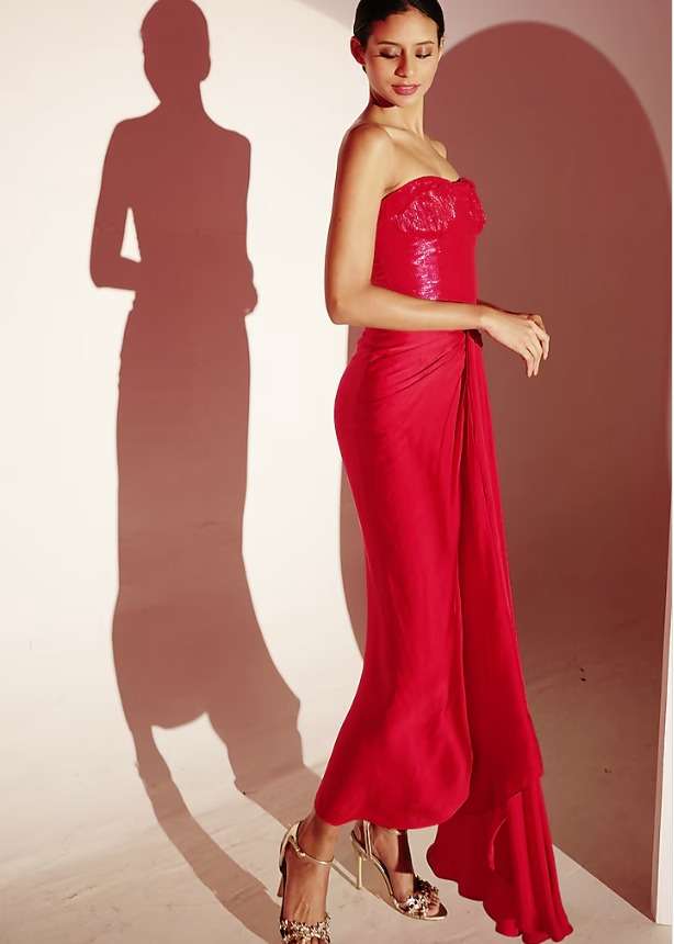 Red Silk Satin Draped Skirt Set Image - 6