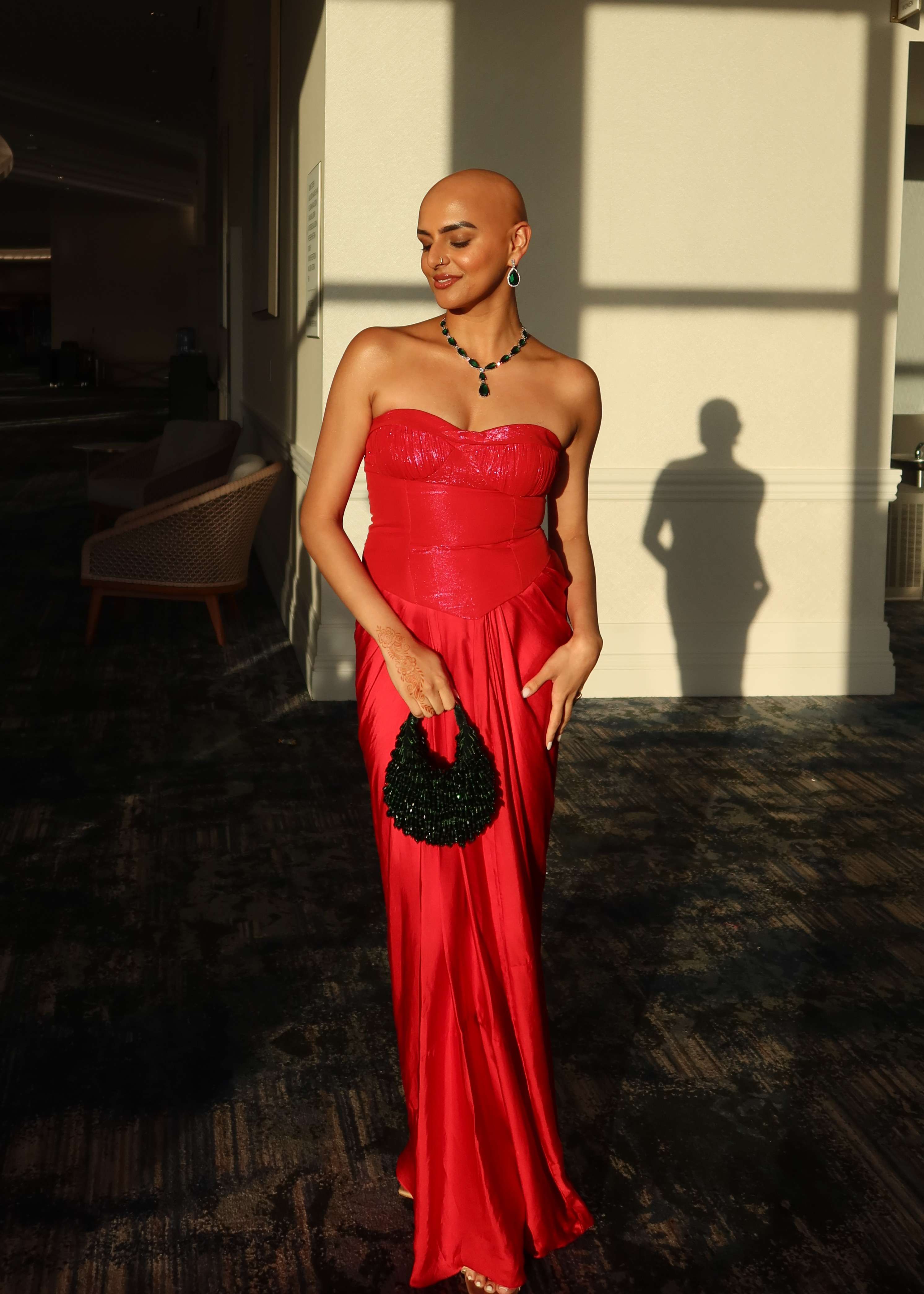 Red Silk Satin Draped Skirt Set Image - 2