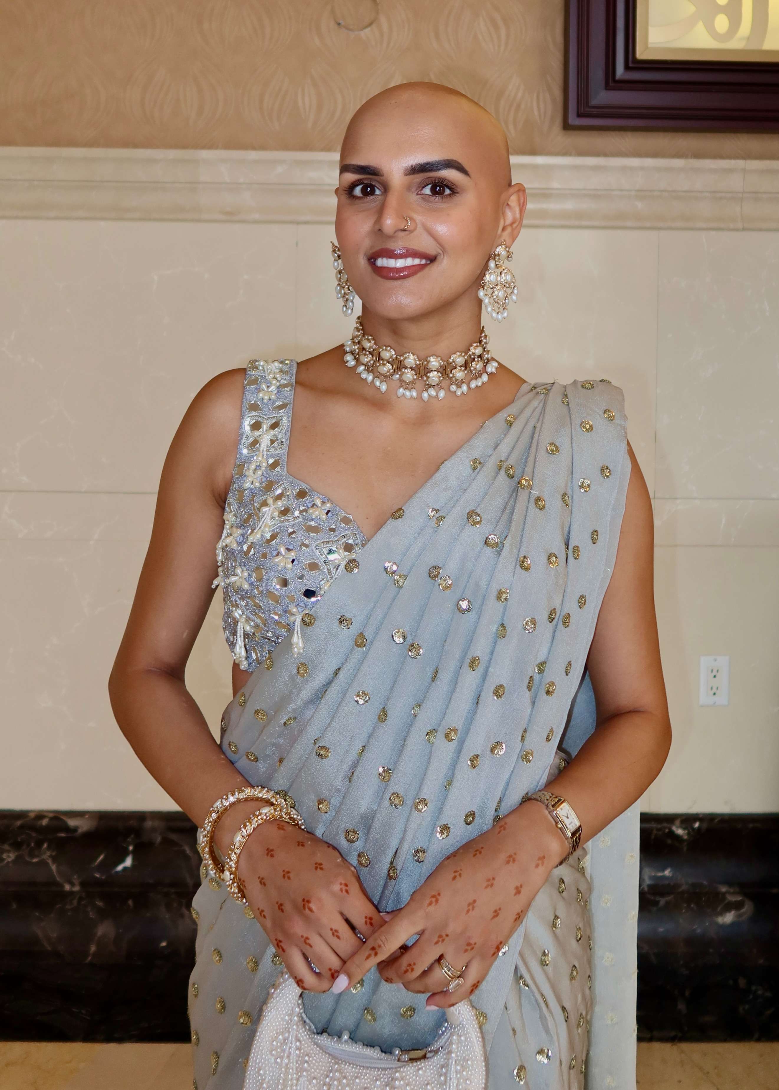 Light Blue Mirrorwork Pre-Draped Sari Image - 1