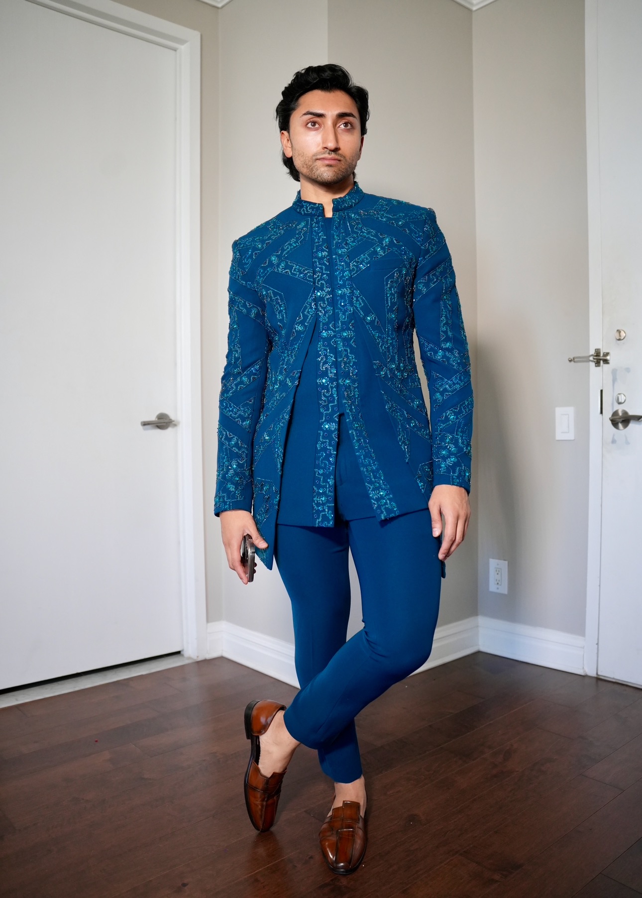 Teal Blue Bandhgala Set Image - 0