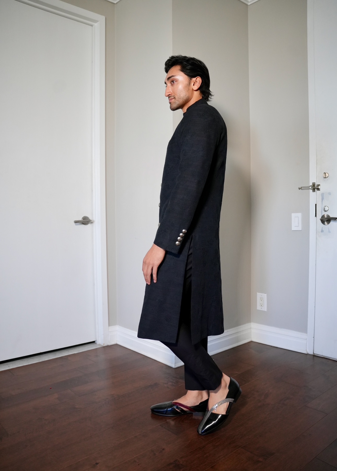 Black Asymmetric Cut Sherwani Image - 1