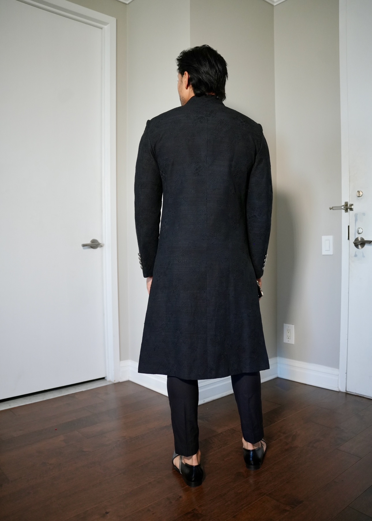 Black Asymmetric Cut Sherwani Image - 2