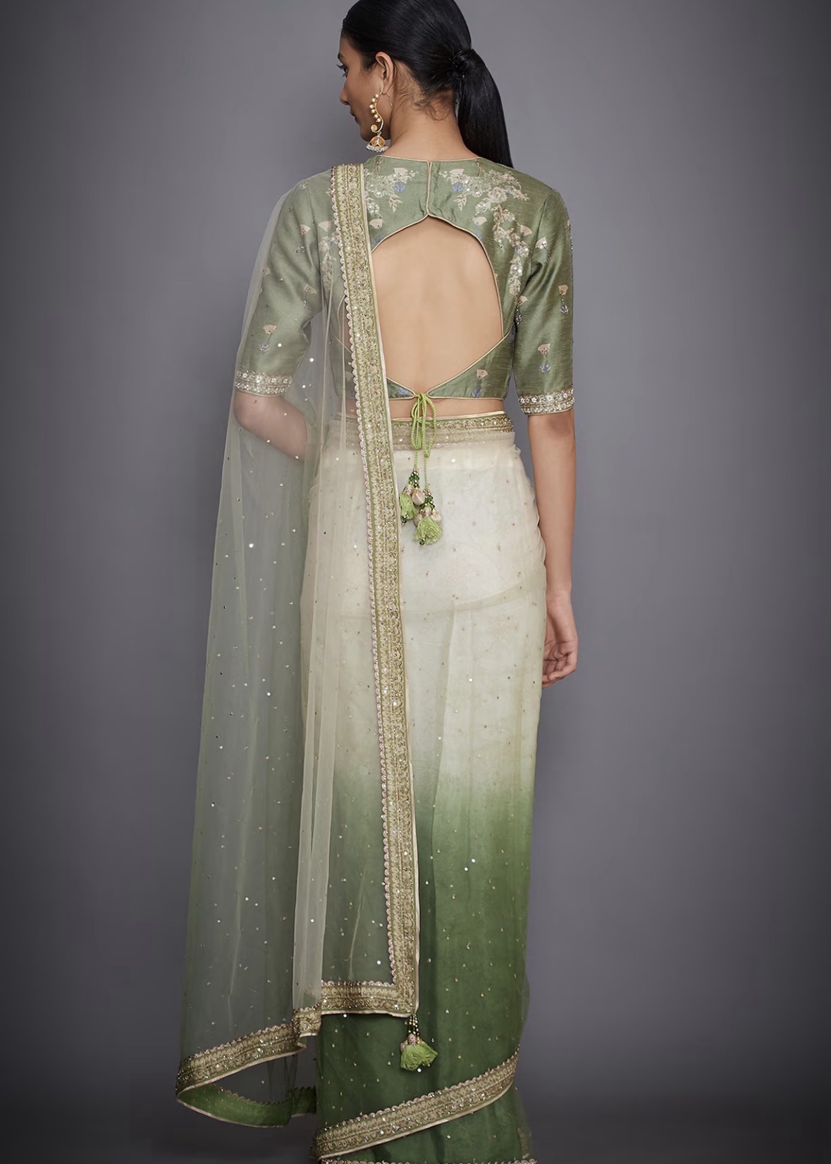 Ritu Kumar Net Ombré Olive and Cream Saree with Blouse  Image - 1
