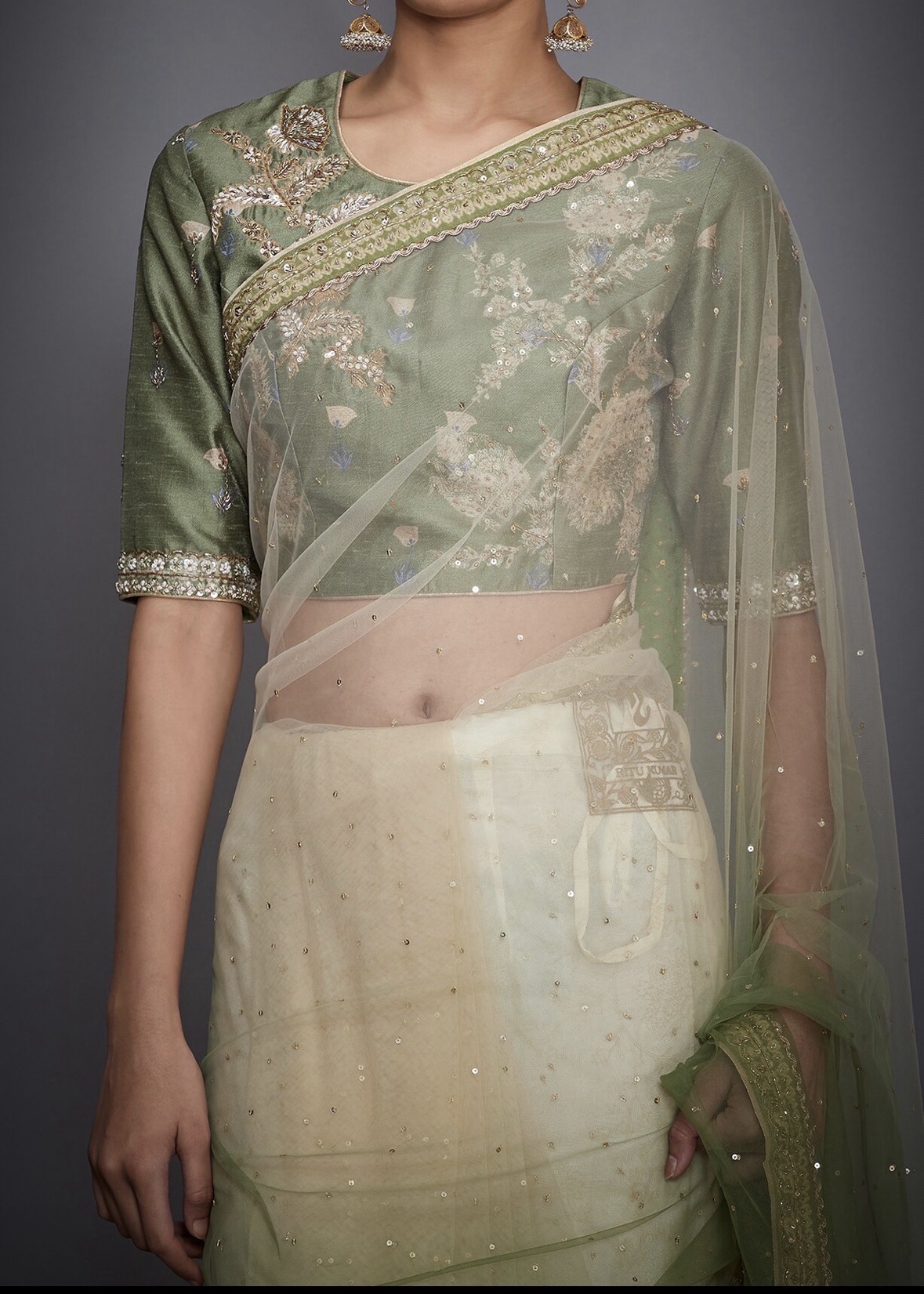 Ritu Kumar Net Ombré Olive and Cream Saree with Blouse  Image - 2