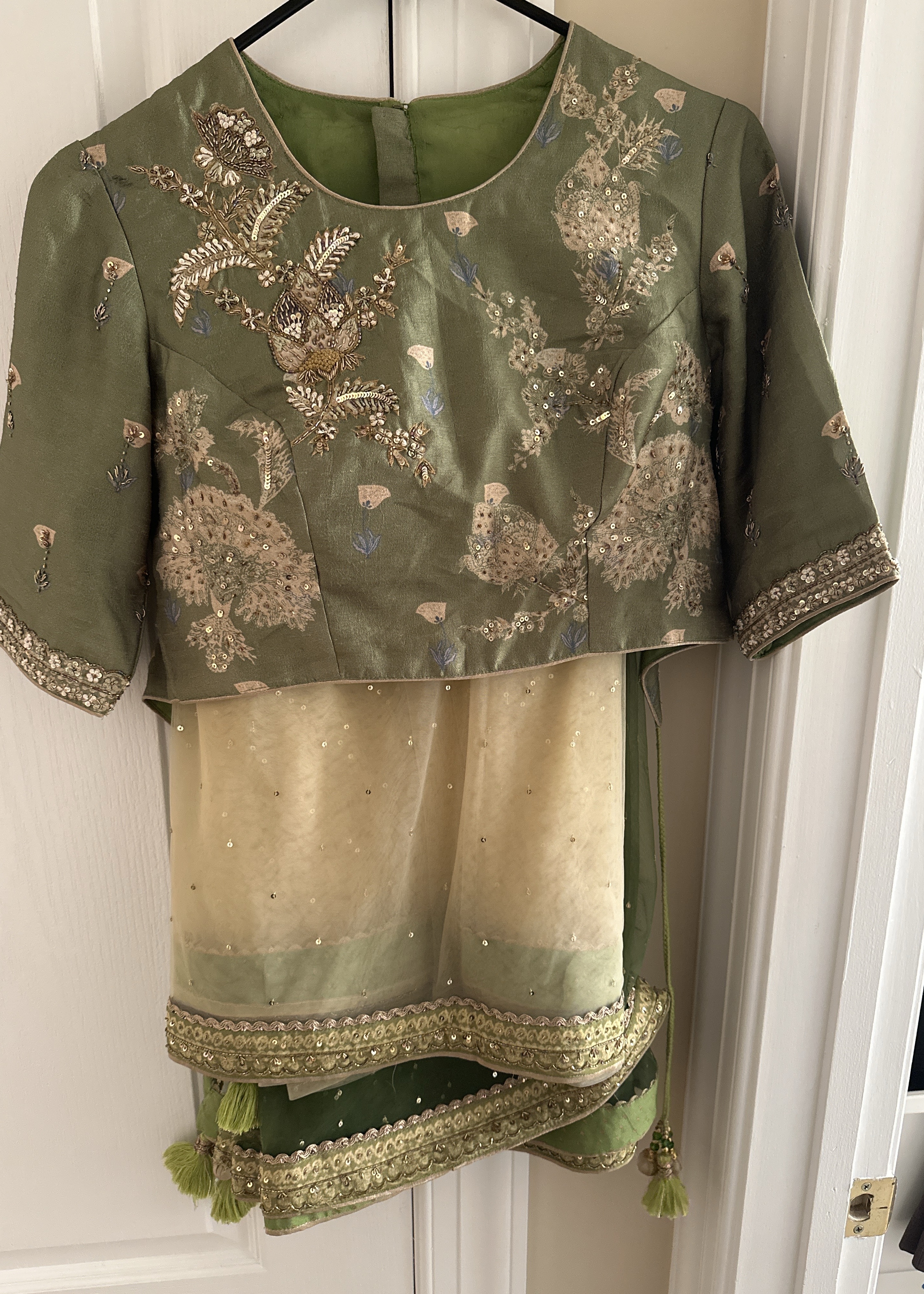 Ritu Kumar Net Ombré Olive and Cream Saree with Blouse  Image - 3