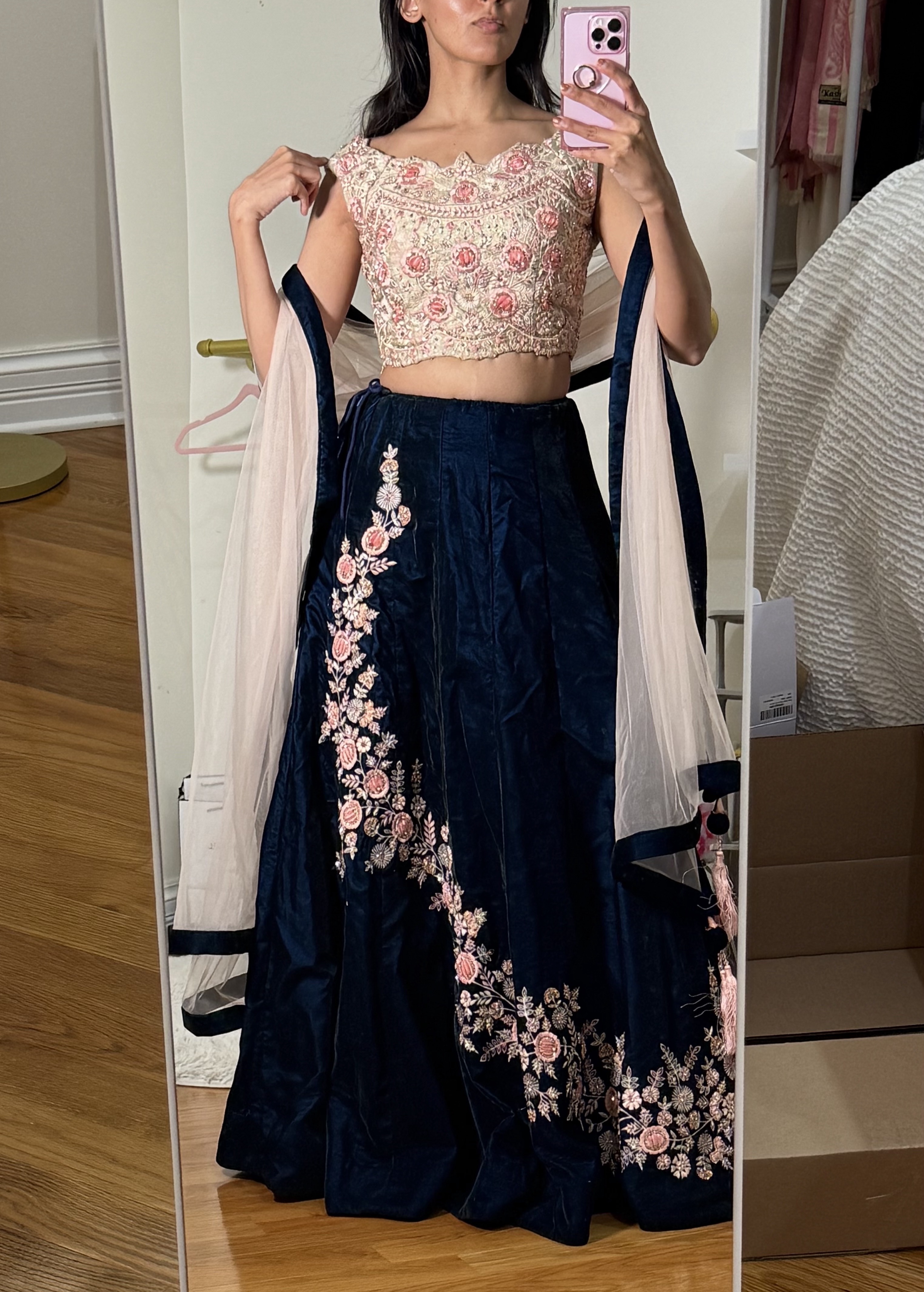 Dark Blue Floral Lehenga Set Image - 0