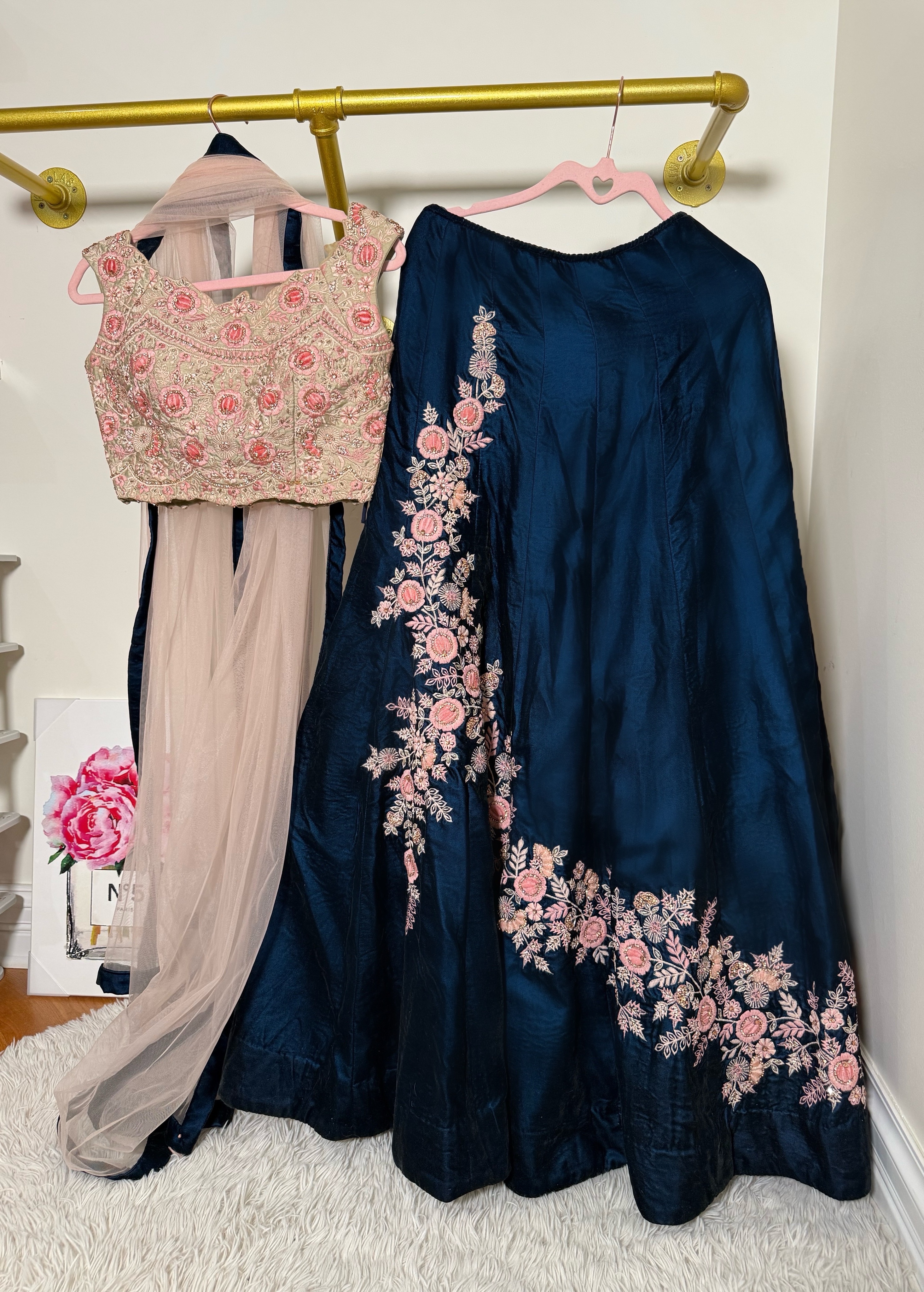 Dark Blue Floral Lehenga Set Image - 1