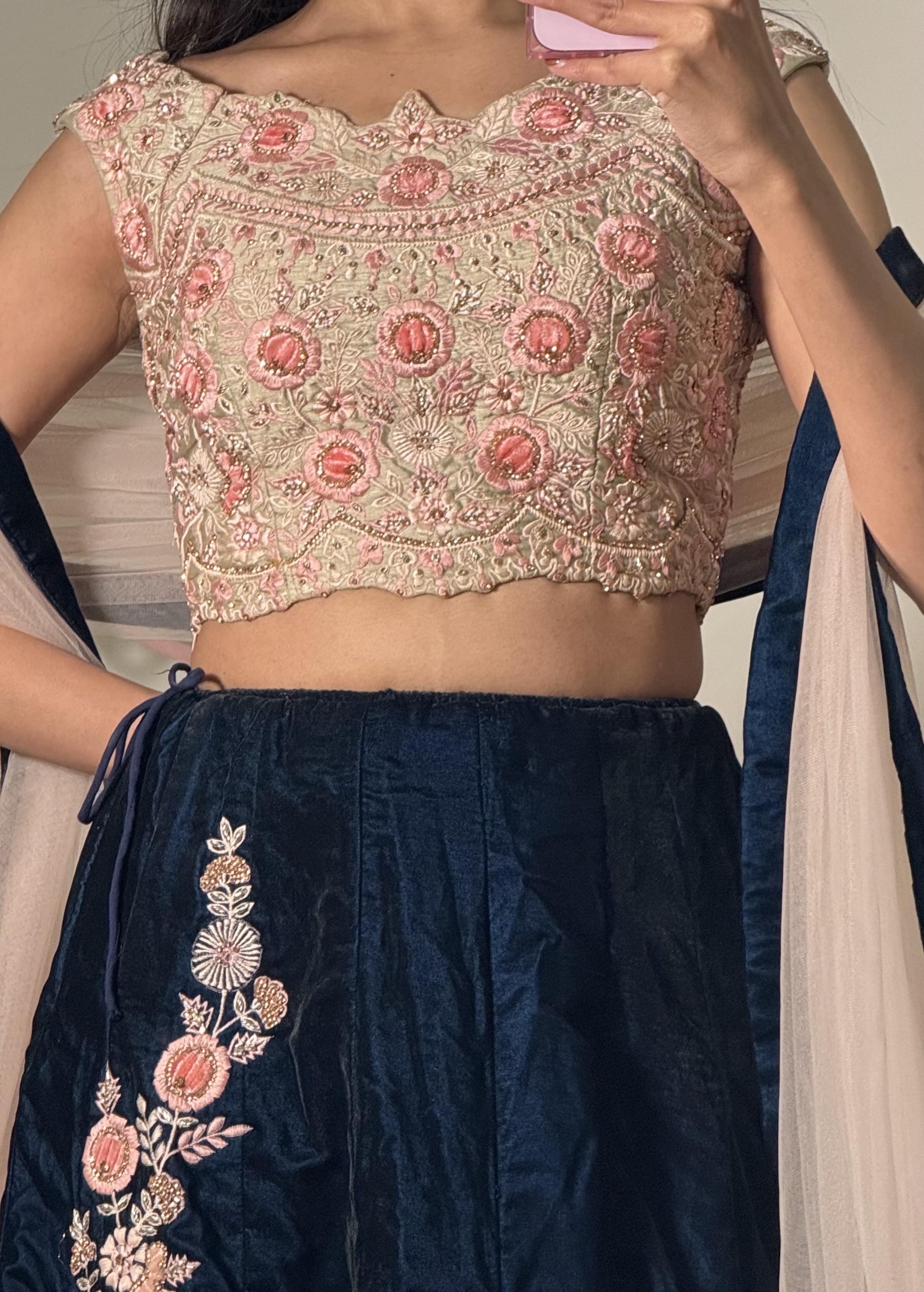 Dark Blue Floral Lehenga Set Image - 2