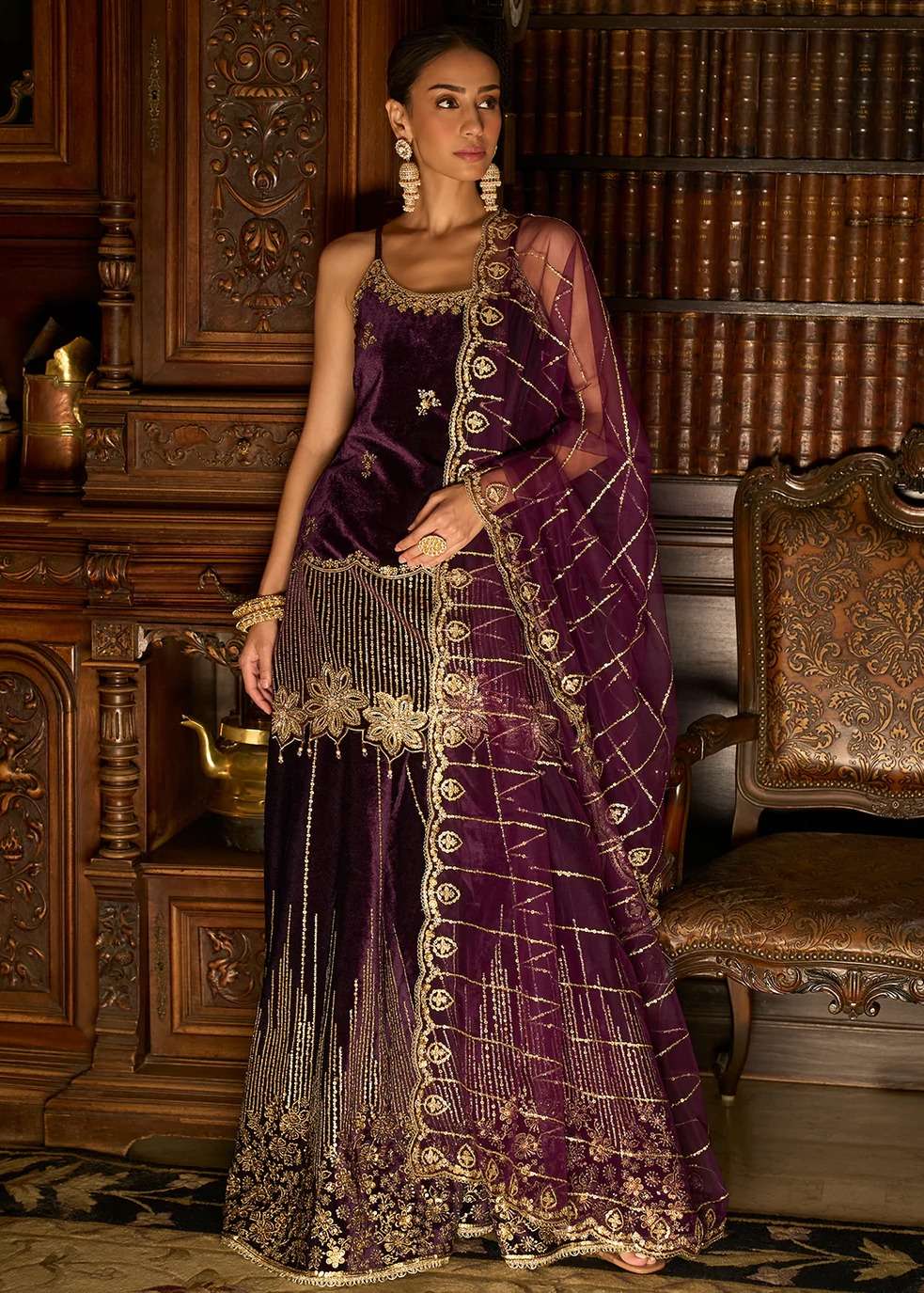 Purple Velvet Sharara Set Image - 1