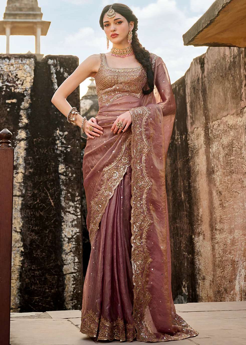 Dusty Rose Tissue Silk Sari Image - 0
