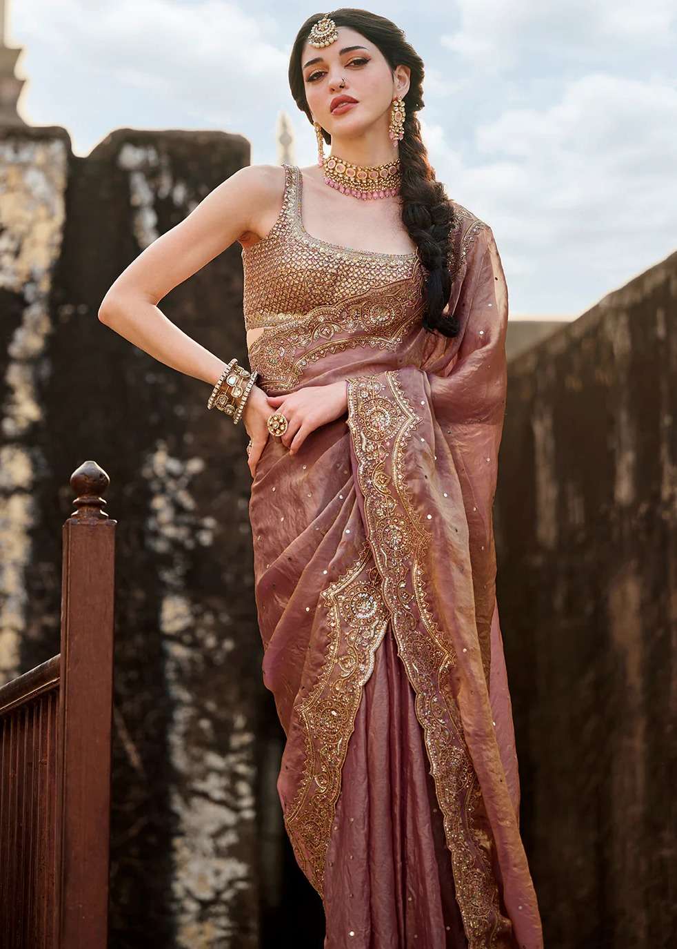 Dusty Rose Tissue Silk Sari Image - 2