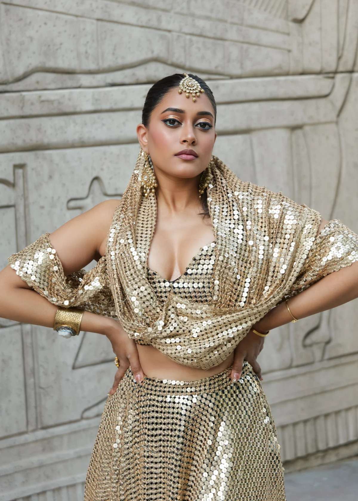 Sneha Gold Sequin Hooded Dupatta Top Image - 0