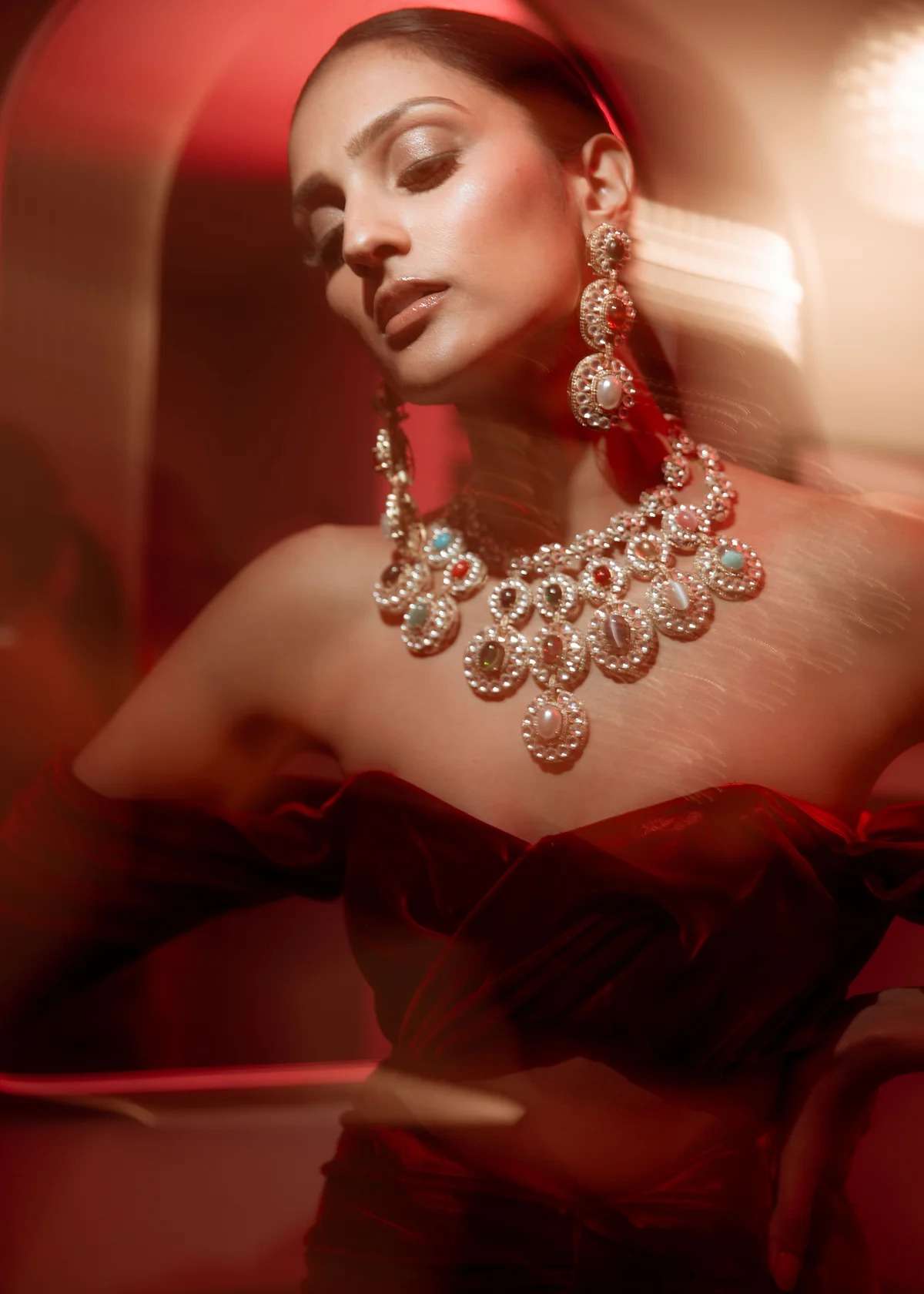 Florence and Celia Silk Red Velvet Lehenga Set Image - 1
