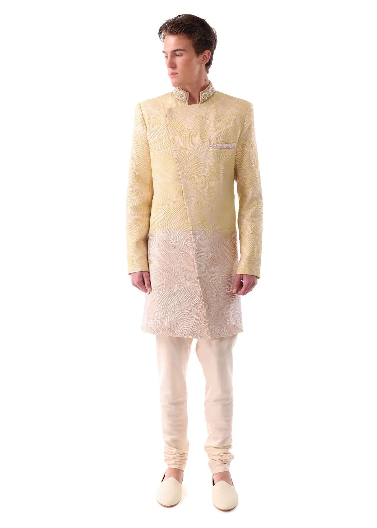 Karan Pale Yellow and Gold Sherwani Jacket Image - 1