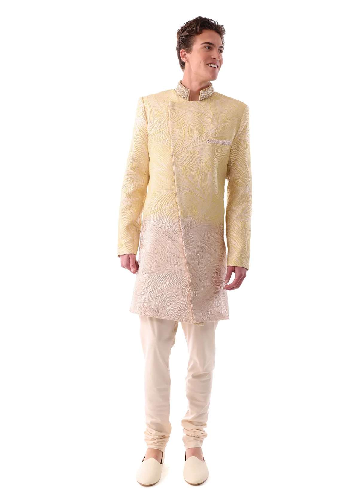 Karan Pale Yellow and Gold Sherwani Jacket Image - 2
