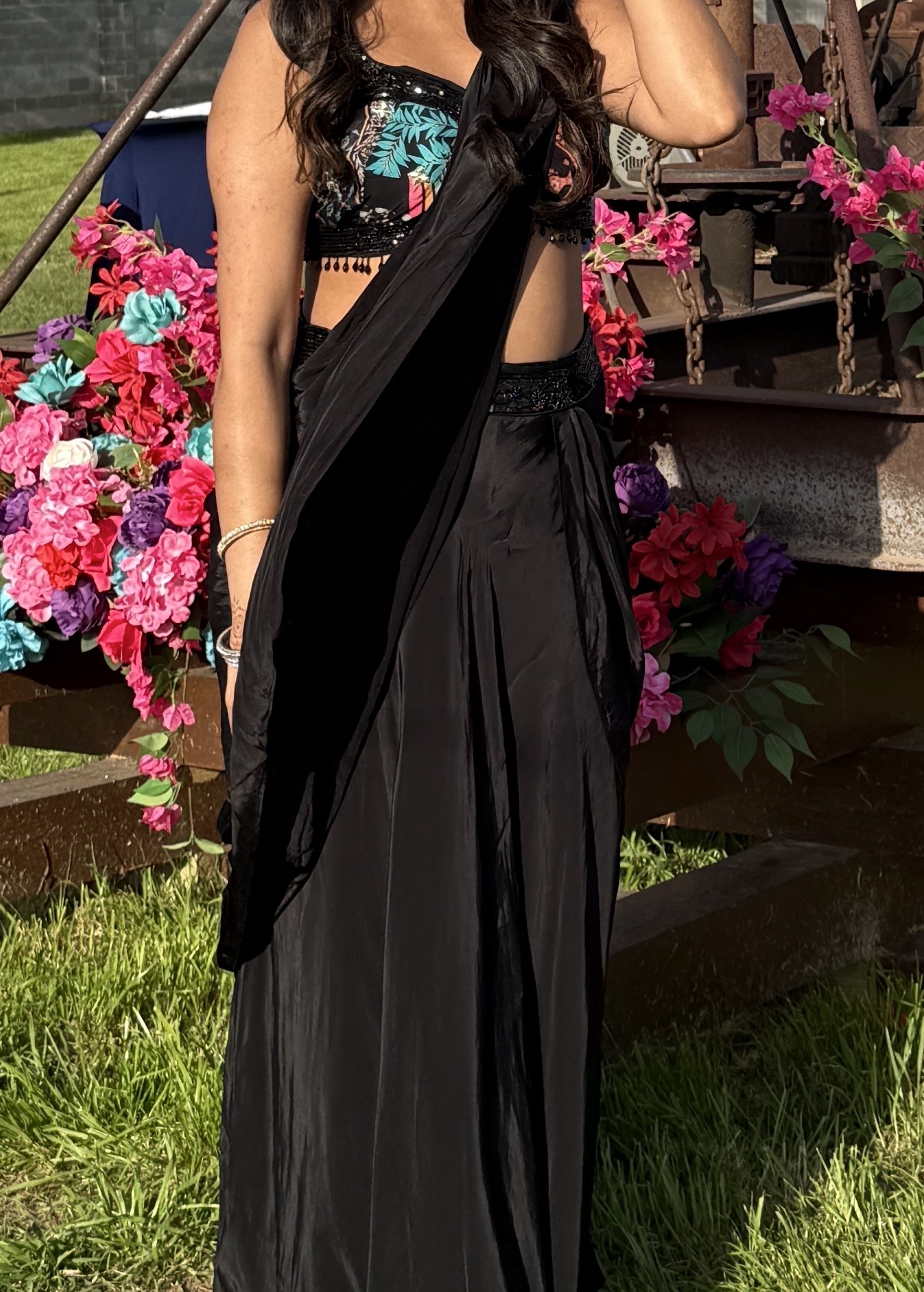 Black Pre-Draped Sari Image - 3