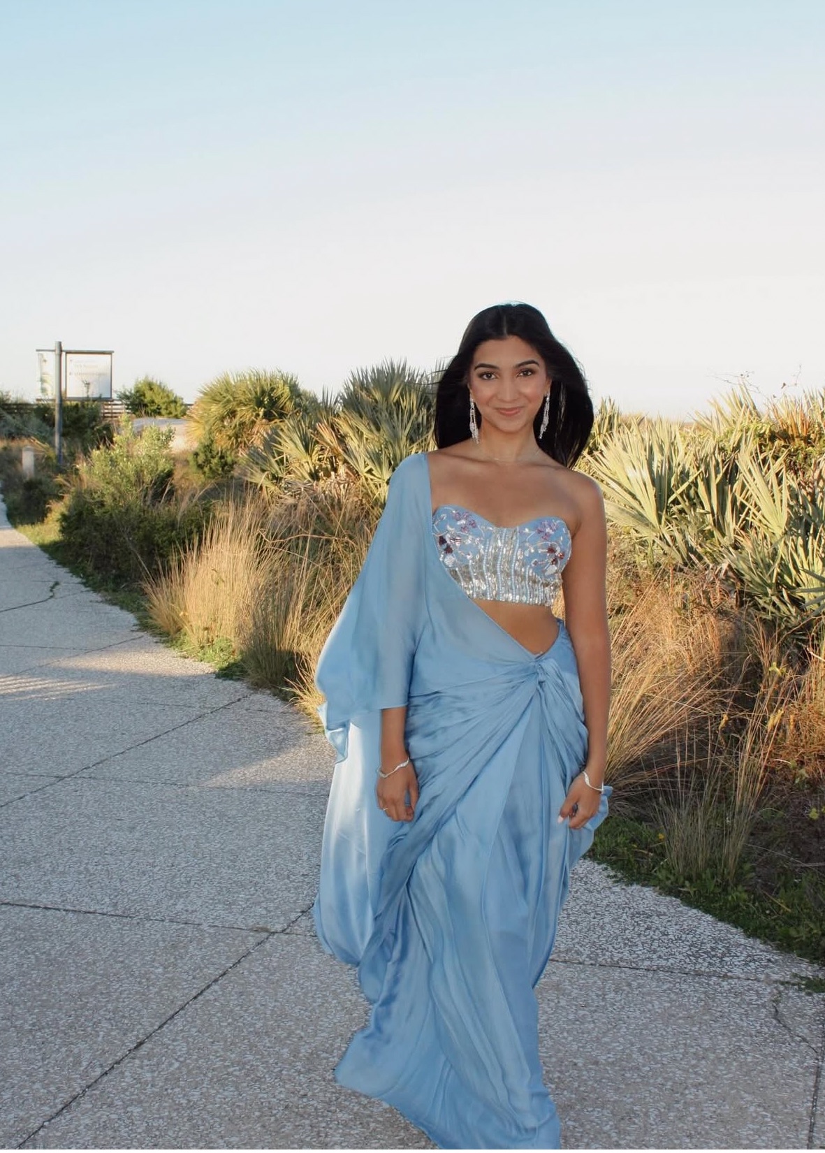Light Blue Pre-Draped Beaded Sari Image - 2