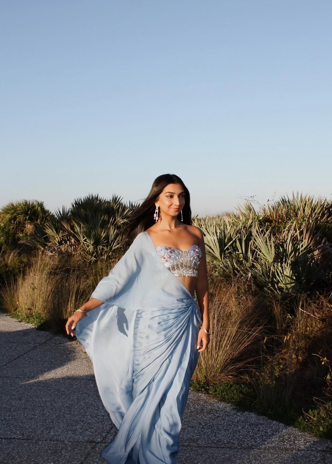 Light Blue Pre-Draped Beaded Sari Image - 3