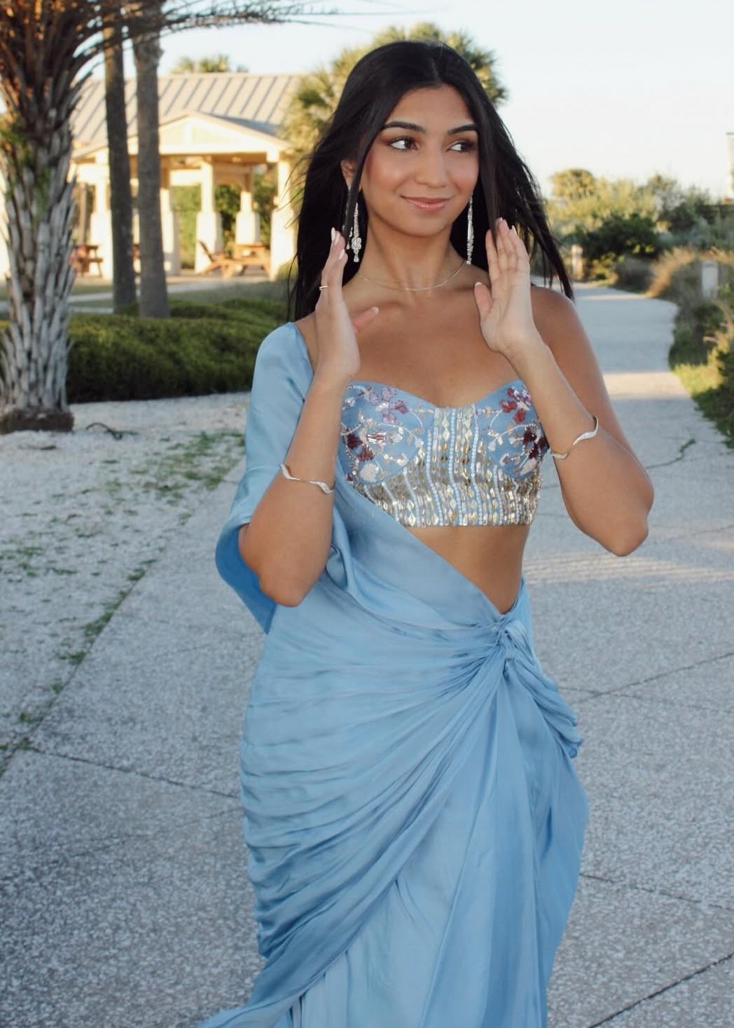 Light Blue Pre-Draped Beaded Sari Image - 1