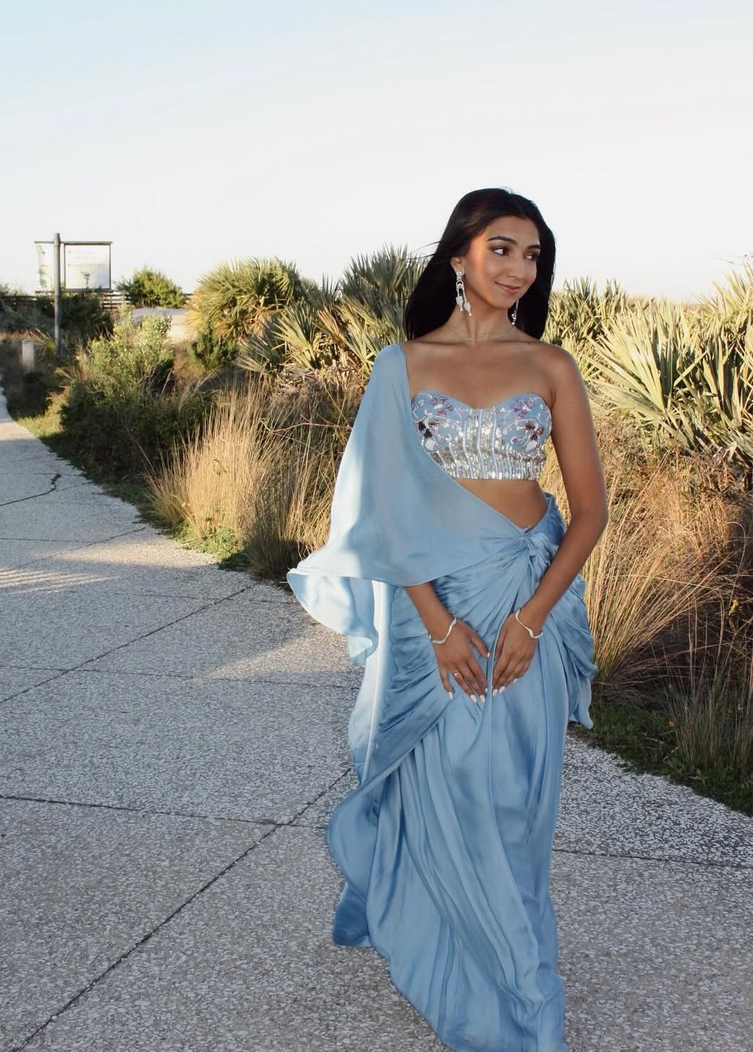 Light Blue Pre-Draped Beaded Sari Image - 0