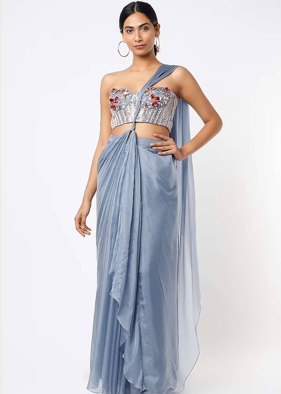 Light Blue Pre-Draped Beaded Sari Image - 4