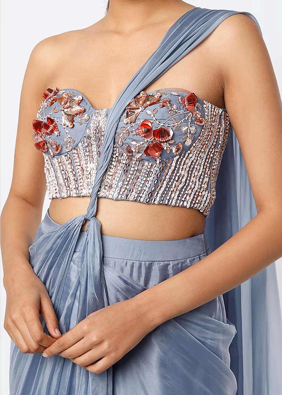 Light Blue Pre-Draped Beaded Sari Image - 5
