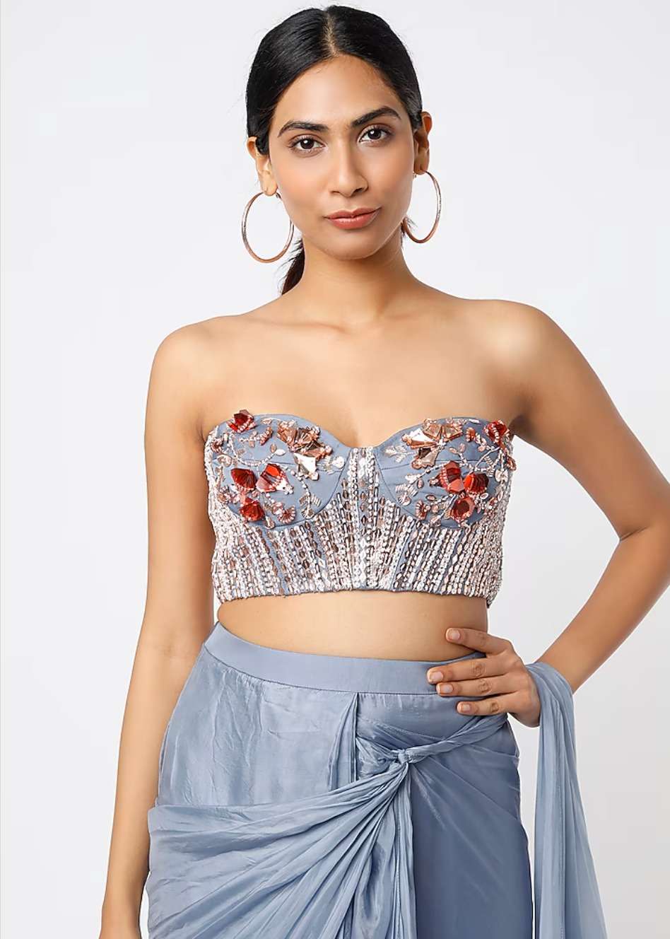 Light Blue Pre-Draped Beaded Sari Image - 6